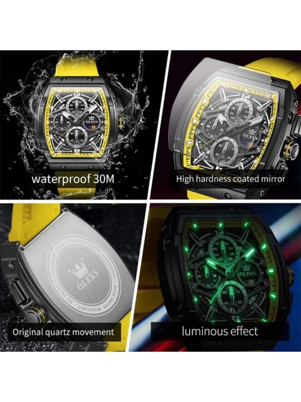 Men's Yellow Chronograph Big Square Analog Silicone Strap Waterproof Wrist Watch